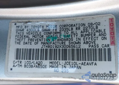 2003 Lexus Is 300 from USA, damaged, VIN JTHBD192X30065612